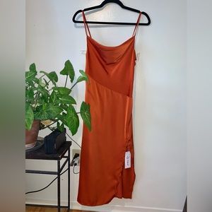 Dark Orange Silk/ Satin Long Dress with Slit